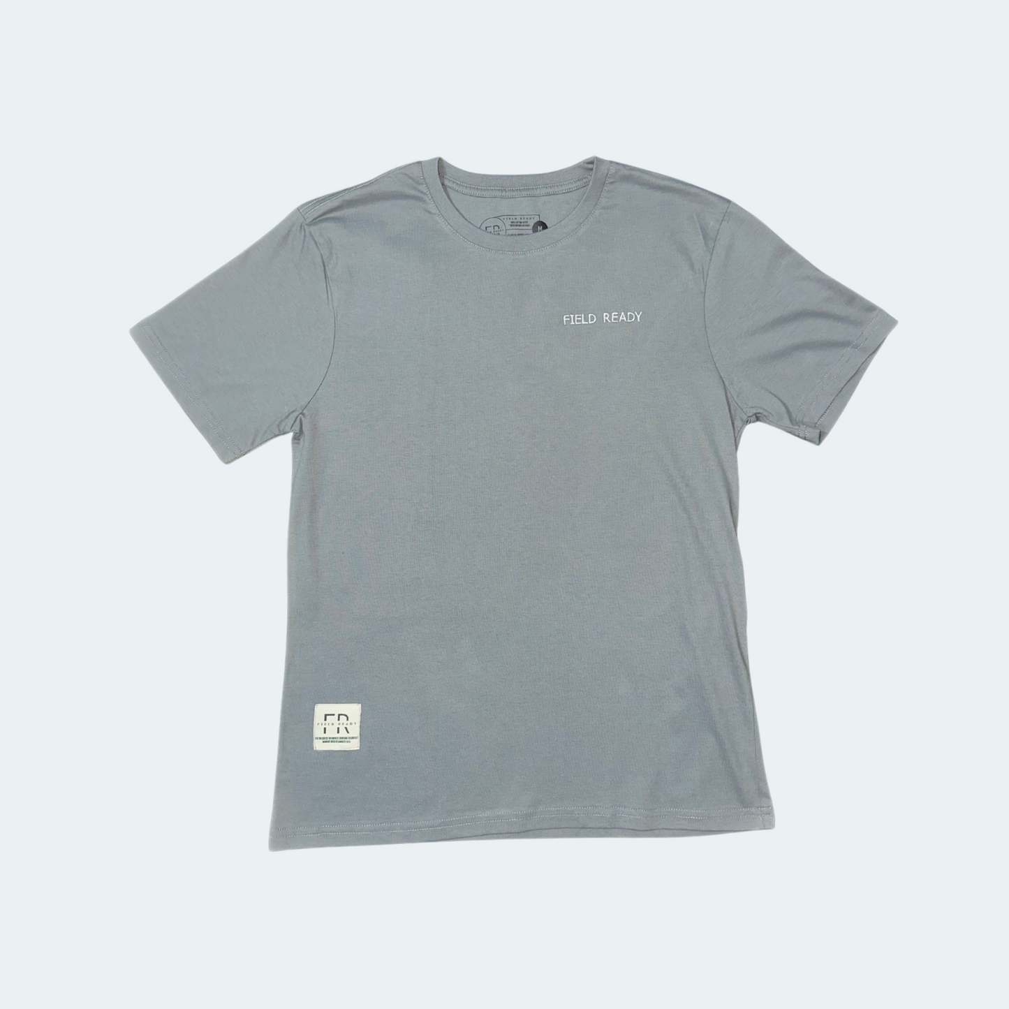 Gray t-shirt with text on a light gray background