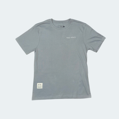 Gray t-shirt with text on a light gray background