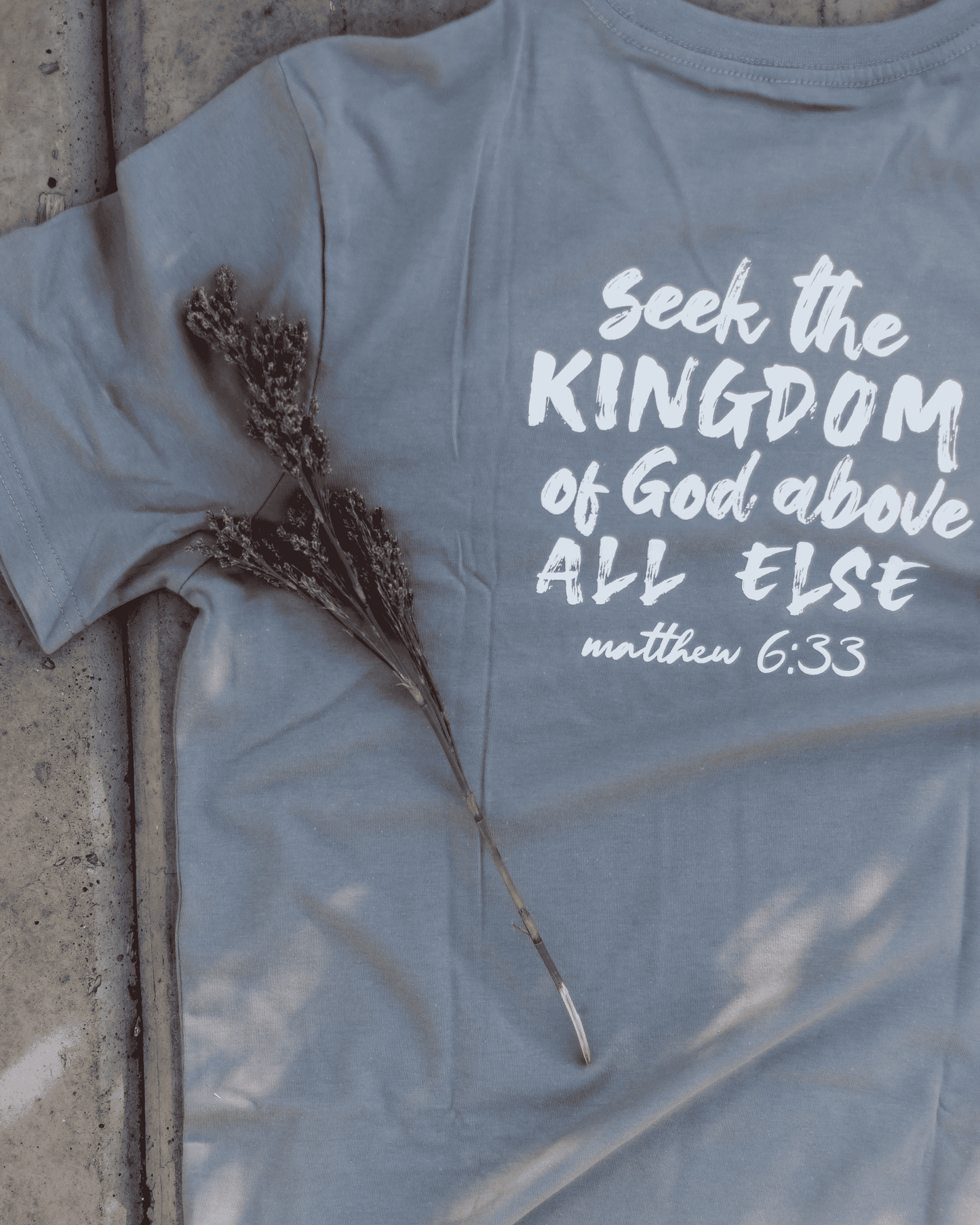 Light grey t-shirt with 'Seek the KINGDOM of God above ALL ELSE' text on a concrete surface.